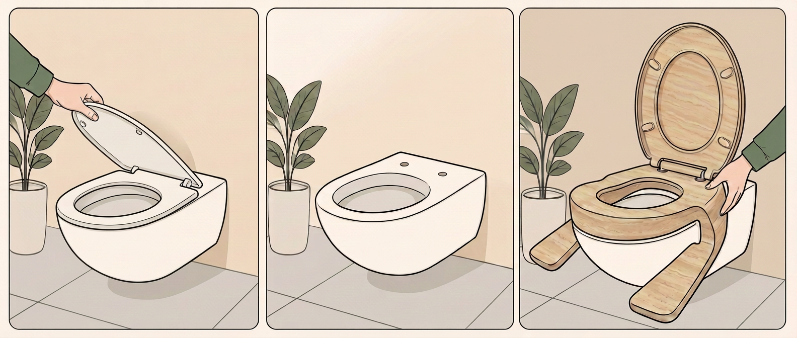 Installation steps: remove the old seat, fit Hukōn, sit down